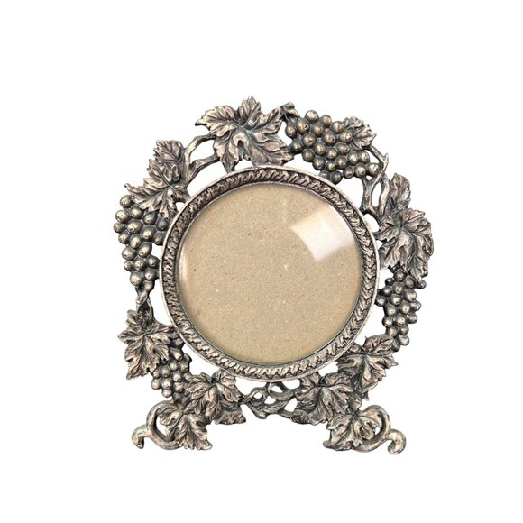 Vintage Ornate Linco Perfect Pewter Grape Leaf Photo Frame 3” round - Picture 1 of 11